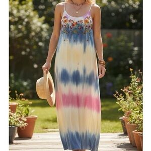 SAVANNA JANE ombre tie dye embroidered boho dress size L coastal hippie festival